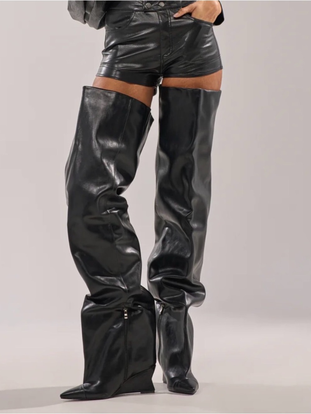 Azalea Wang Ghana Over The Knee Black PU Wedge Boots 11 NEW
